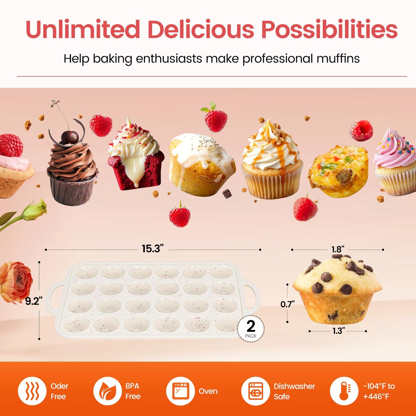 Fimary Muffin Pans With Metal Reinforced Frame - 24 Cups Durable Silicone Baking Pan for Muffins, Cupcakes, BPA Free and Dishwasher Safe - Beige with Rainbow Spots, Set of 2