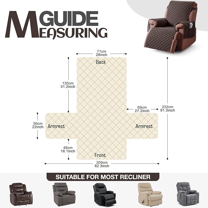KinCam 100% Waterproof Recliner Chair Cover, Reclining Couch Covers for Pets, Dogs, Recliner Couch Slipcover Furniture Protector with Elastic Straps for Kids(28", Chocolate)