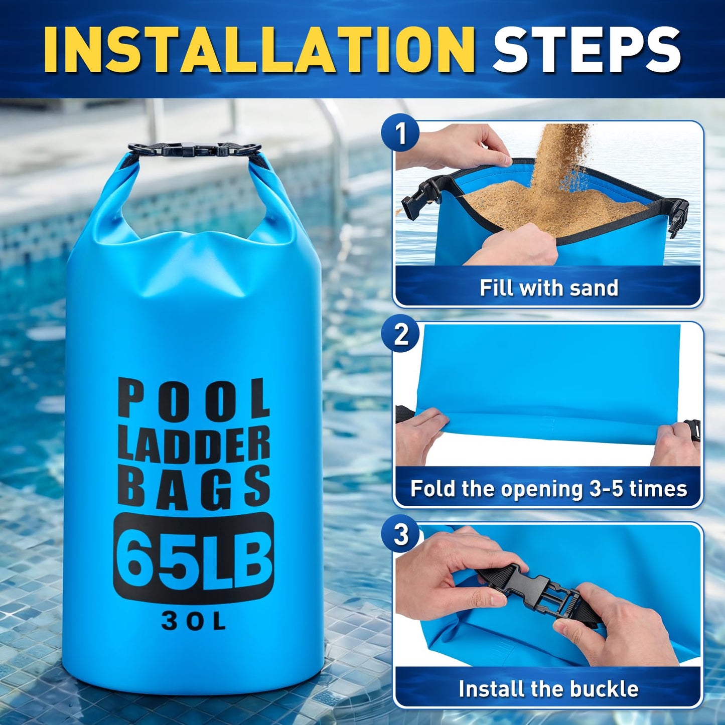 2 Pack 30L/65LB Pool Step Weights Sand Bags – Waterproof 500D PVC Ladder Weights, Pool Sand Stair Weights for Above Ground and in-Ground Pool Steps