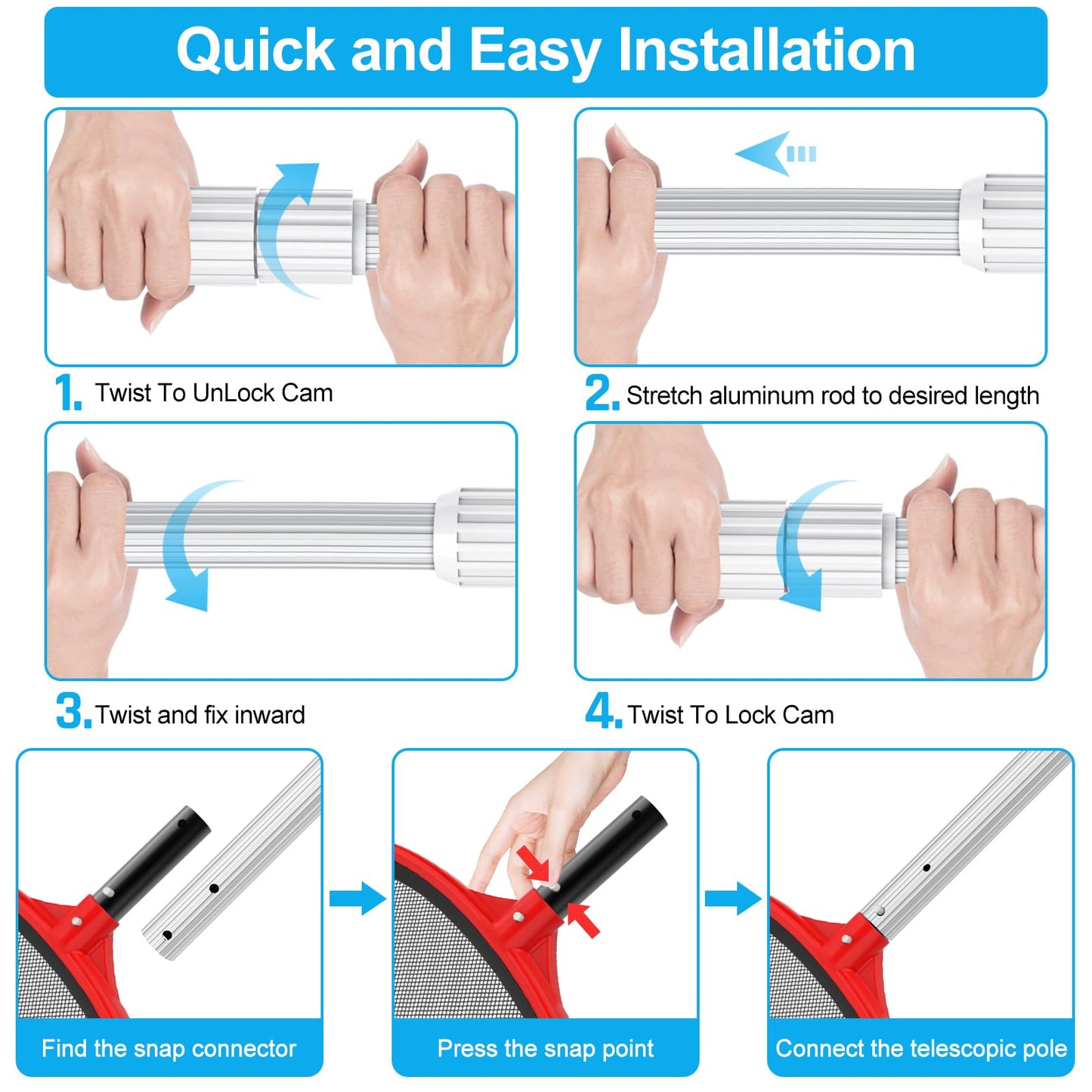 YEECHUN Professional Thicken 12 Foot Swimming Pool Pole Telescopic Aluminum Fits Pool Net Skimmer Rake Vacuum Head Brush Cleaning Equipment Heavy Duty,for Skimmer Nets, Vacuum Heads and Brushes