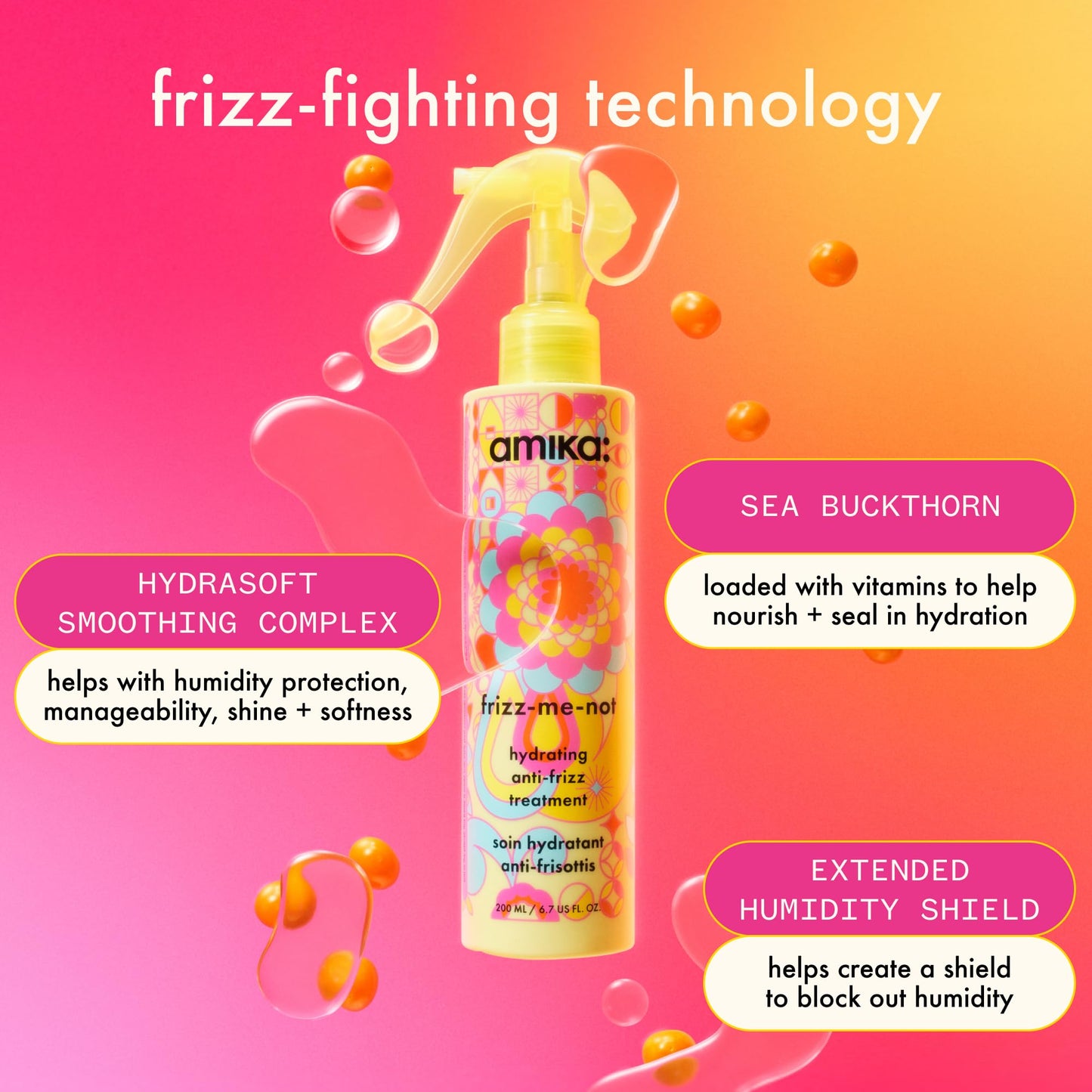amika frizz-me-not hydrating anti-frizz treatment, 200ml | lightweight hydrating spray for medium to thick coarse hair types 2a-4c, humidity + heat protection, smooth frizz for up to 72 hours