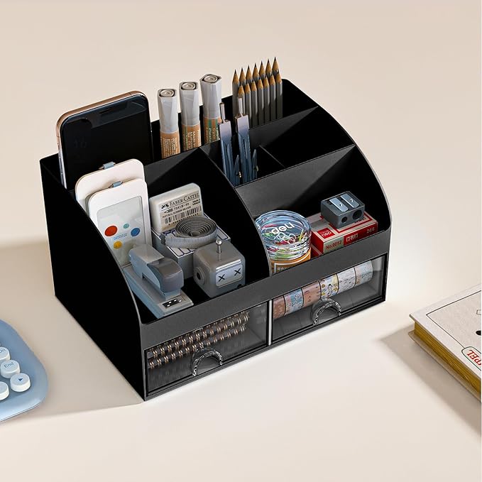 Desk Organizer with 6 Compartments and 2 Drawers, Plastic Makeup Organizer, Pen Holder for Desktop Storage, Desk Organization for School, Home, Office Supplies Black-2Pack
