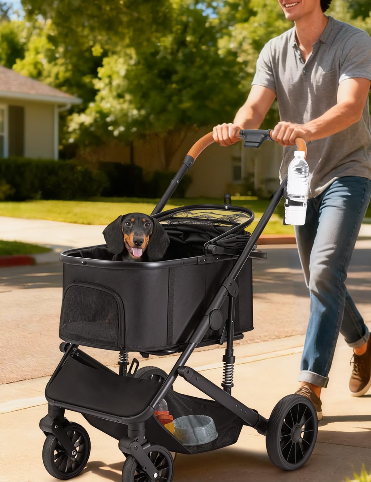 SUNTHX Dog Stroller for Small Medium Dogs Up to 60lbs, 4 Wheels Folding Pet Stroller with Detachable Carrier, Pet Travel Carrier for 2 Dogs & Cats, Storage Basket, Breathable Mesh, Cup Holder, Black