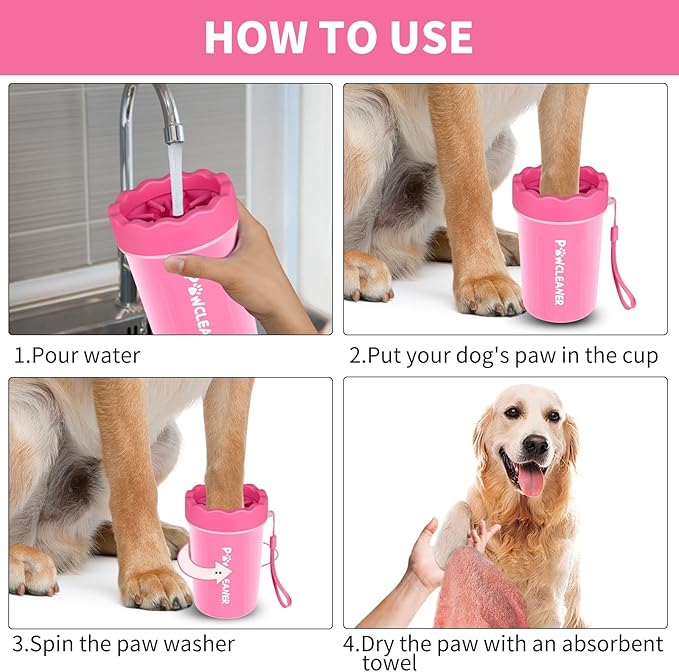 Professional 7 in 1 Dog Paw Cleaner for Dogs & Cats - Includes 1 Portable Paw Washer, 1 Bath Brush, 2 Dog Toothbrushes and 3 Absorbent Towels Note: Fits Paws 1.5 to 2.5 Inches Wide (Medium, Pink)