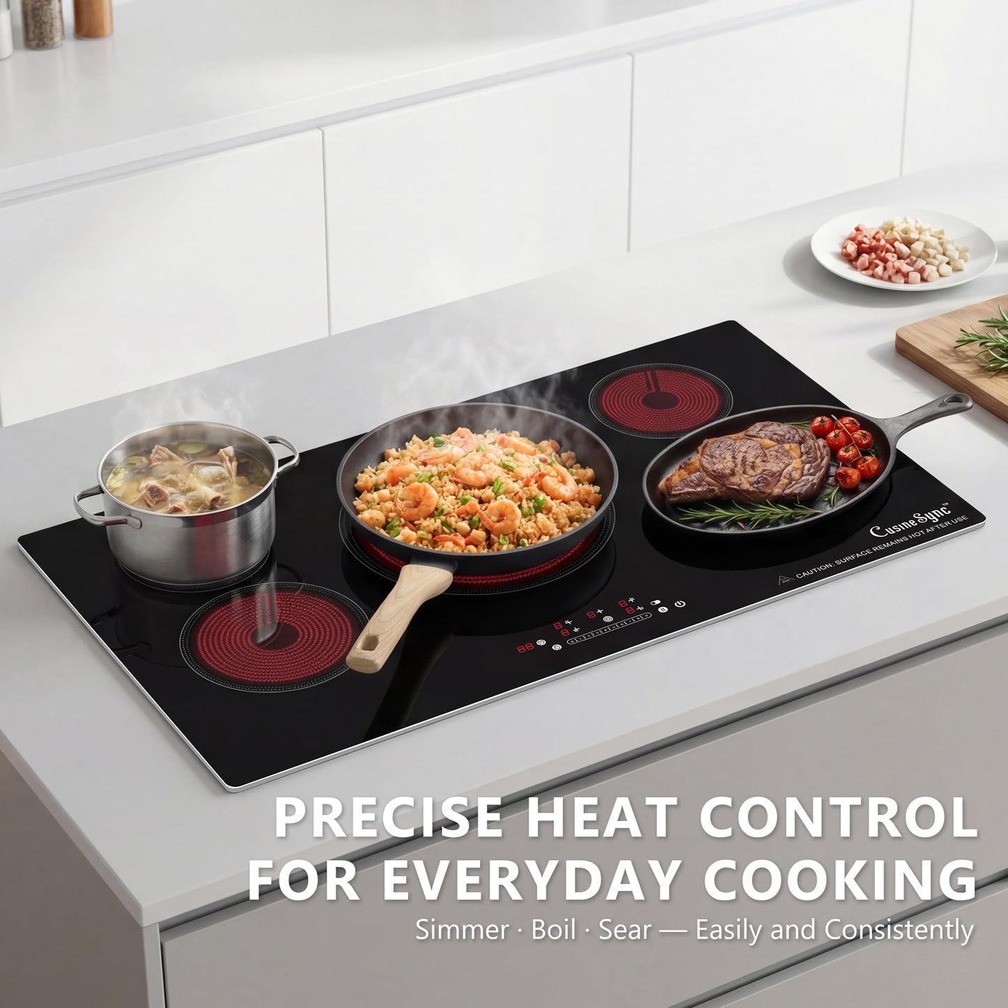 36 Inch Electric Cooktop 5 Burner, Built-In Ceramic Glass Cooktop 220-240V Hardwired, 9200W Radiant Electric Stove Top with Touch Control, 9 Heat Levels, Timer, Safety Lock, Works with All Cookware