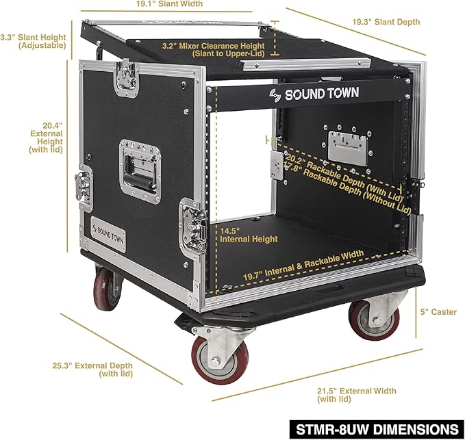 Sound Town Enhanced Thickness 1/2” (12mm) Plywood 8U Audio Rack/Road ATA Case with 11U Slant Mixer Top, 20’’ Rackable Depth, Casters, 8 Space Size, Pro Tour Grade (STMR-8UW)