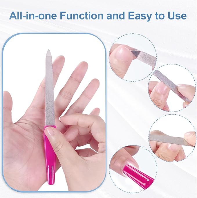 Metal Nail Files with Sharp Pointed Tip Made of Stainless Steel Non Slip Handle, Nail File Double Sided Sapphire Grit for Natural Nails Fingernails limas de uÃÂ±as metÃÂ¡licas Color Pink (6 Pcs)