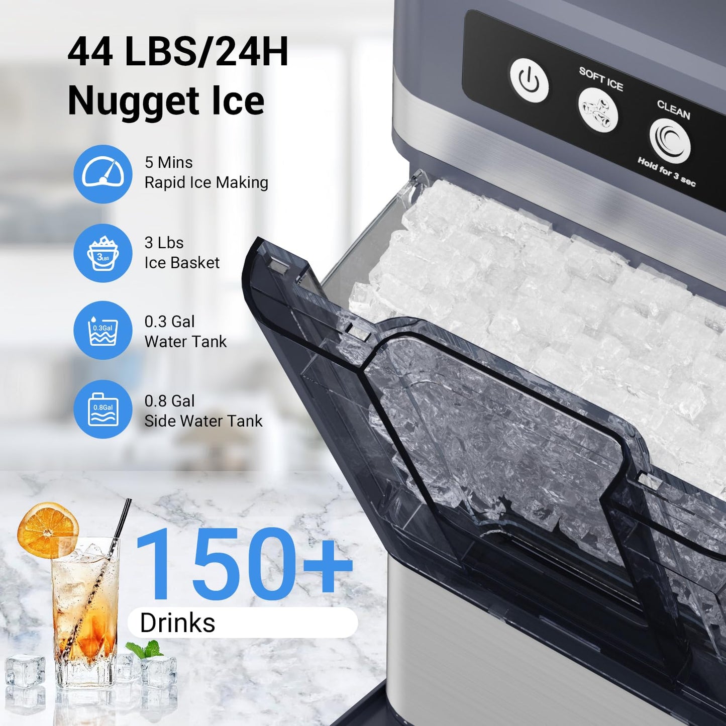 Nugget Ice Maker Countertop 44 Lbs/24h, Chewable Nugget Ice Machine with Side Water Tank, Ready in 5-10 Mins, Self-Cleaning Pellet Ice Machine,Stainless Steel,Scoop Included