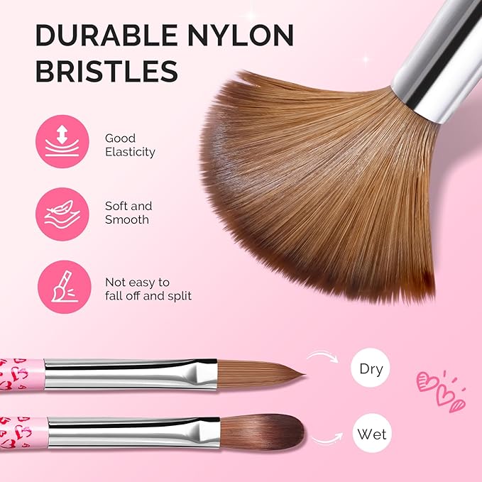 MelodySusie 3-Piece Acrylic Nail Brush Set - Sizes 8/10/14, Professional Nail Art Tool for Acrylic Application, Powder, Extension & 3D Carving - Pink
