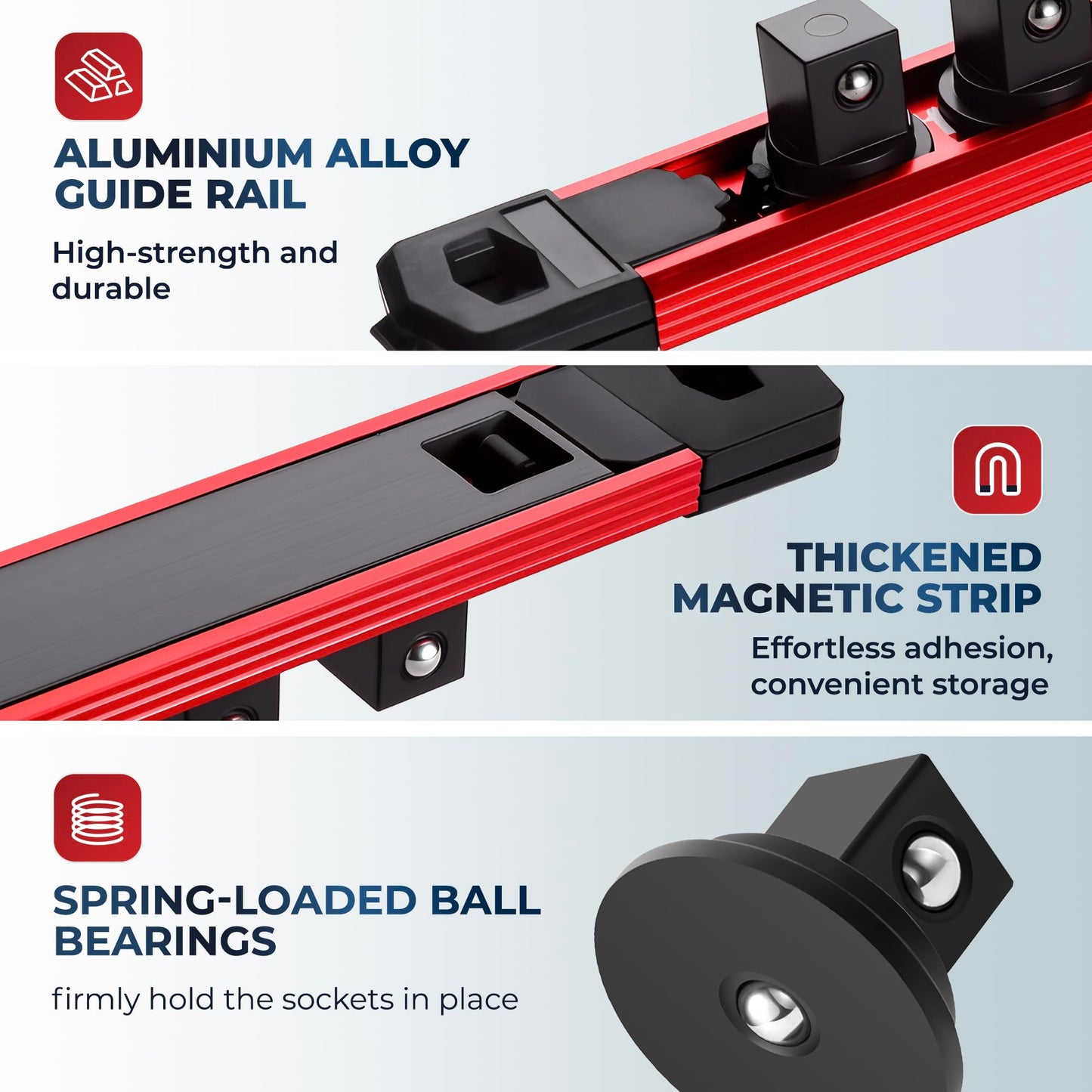 Reniteco Magnetic Socket Organizer Set, 6PC 1/2" 3/8" 1/4" Drive Aluminum Alloy Socket Holder with 80PC 360° Swivel Removable Clips, Magnetic Socket Rail for Tool Box Drawer, Red&Blue