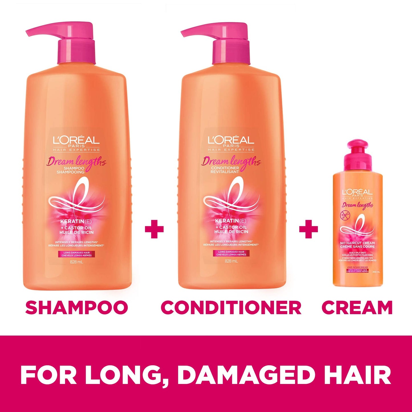 L'Oreal Paris Elvive Dream Lengths Restoring Shampoo With Fine Castor Oil and Vitamins B3 and B5 for Long, Damaged Hair, Visibly Repairs Damage Without Weighdown With System, 28 Fl Ounce (Pack of 2)