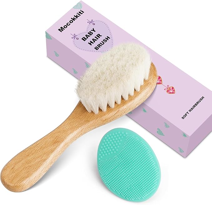 Baby Hair Brush, Goat Bristles Brush and Baby Cradle Cap Brush Set for Cradle Cap Wood Bristle Brush for Newborns and Toddlers (2 Piece)