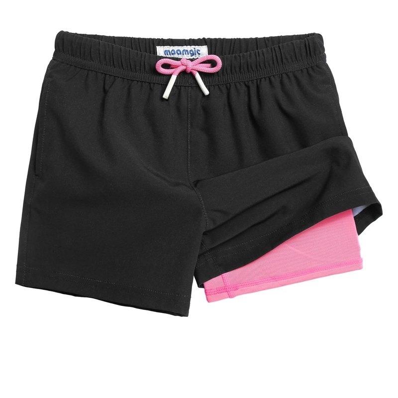 maamgic Boys Swim Trunks with Compression Liner Toddler Stretch Swim Shorts Quick Dry Swimming Trunks Boxer Brief 2 in 1 Beach Shorts Black Pink 4T
