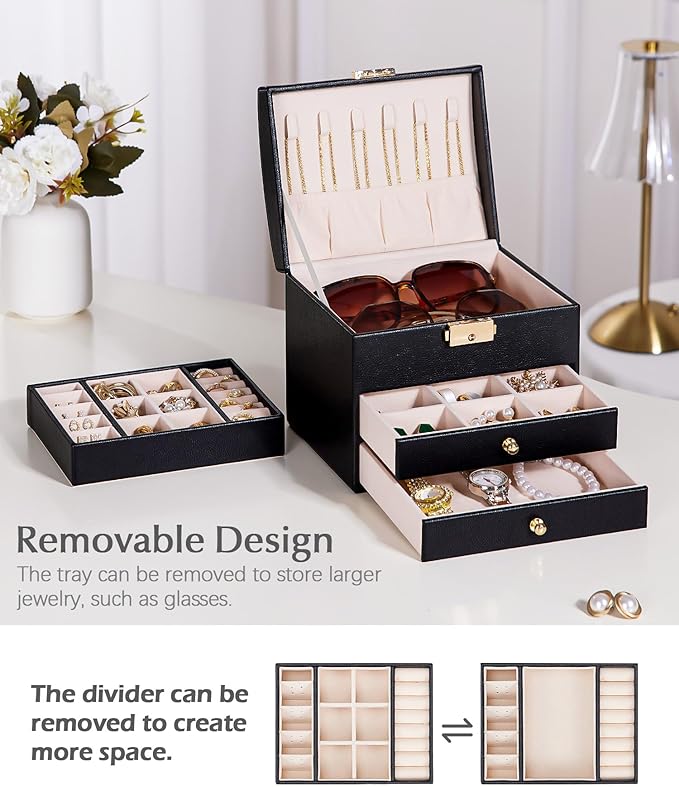 Homde Girls Jewelry Box with Lock: 3 Layer Organizer with Removable Tray - Storage for Ring Necklace Earring - Birthday & Return Gifts for Young Women (Graphite Black)
