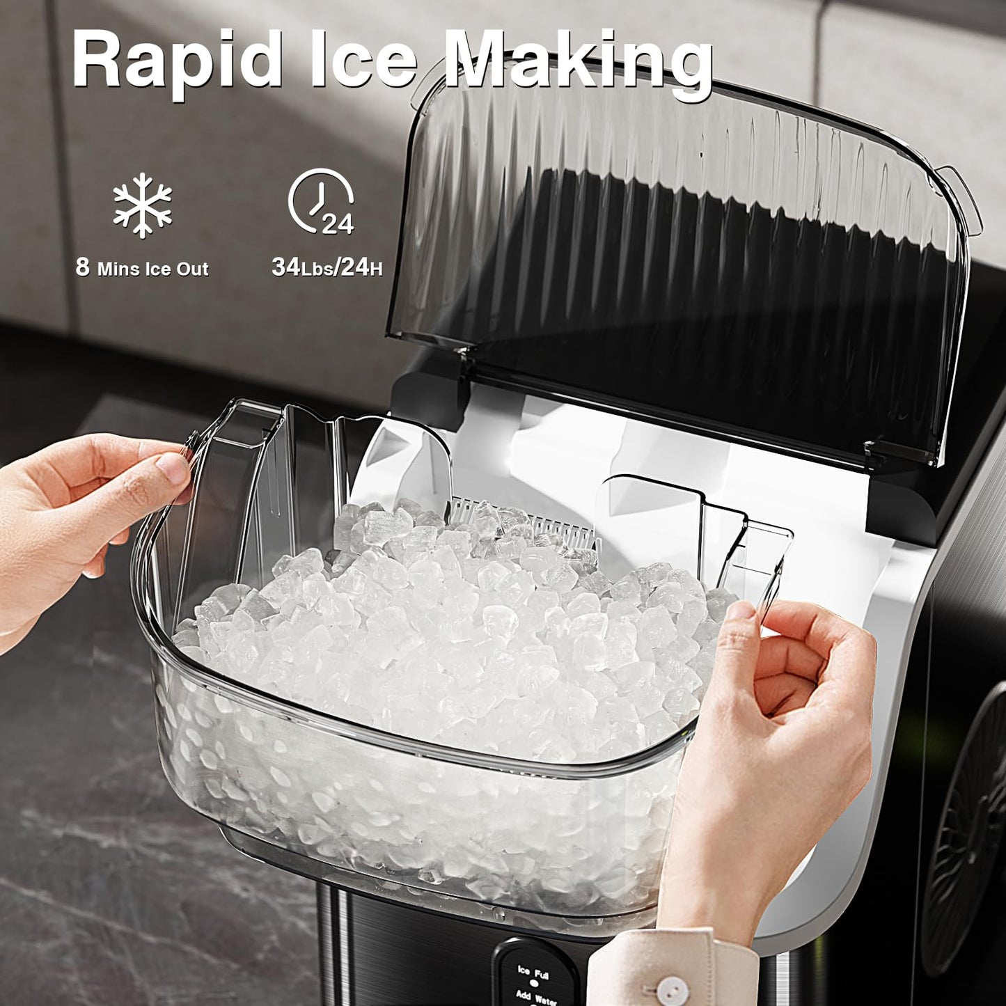 Antarctic Star Nugget Ice Makers Countertop, Pebble Ice Machine with Chewable Pellet Ice, 34Lbs/24H, Self-Cleaning, Sonic Ice, One-Click Operation, for Kitchen,Office Stainless Steel Black