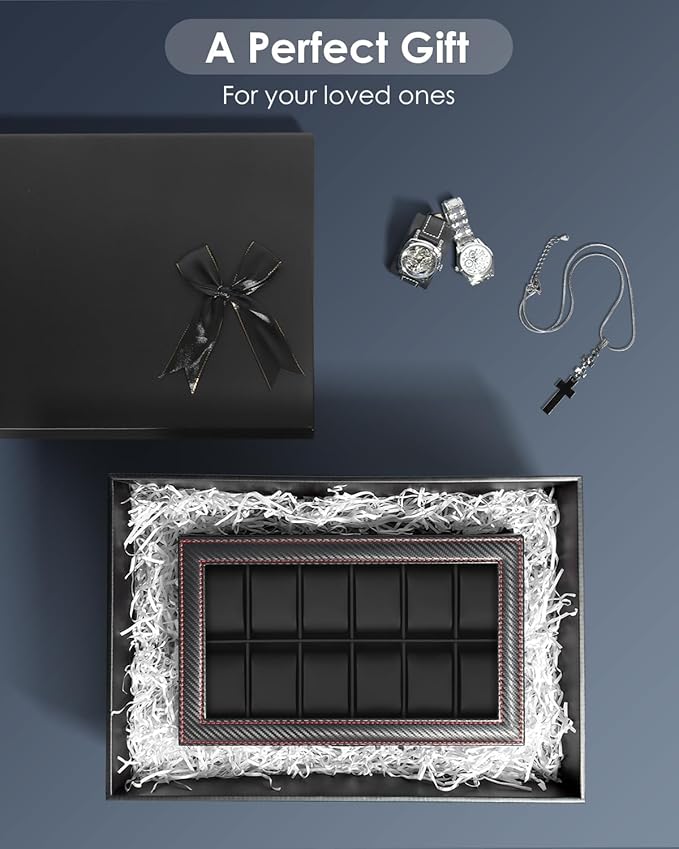 Watch Box Jewelry Organizer, 12-Slot 2-Layer Watch Case Storage with Large Glass Lid, Watch Storage Case for Men with Lock, Watch Holder Display Case, Gift for Men Women