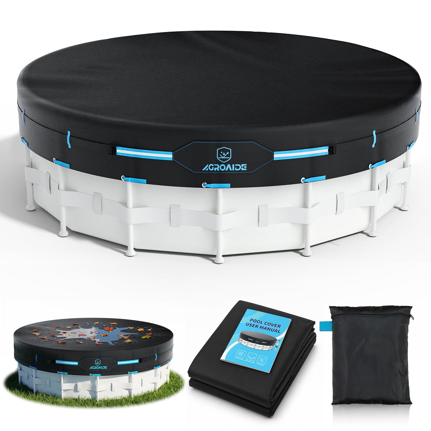 AGROAIDE 8ft Round Pool Cover, Stock Tank Pool Cover with Metal Buckle Straps, 420D Oxford Fabric for All Season Use - Tear Resistant, UV & Dust Proof