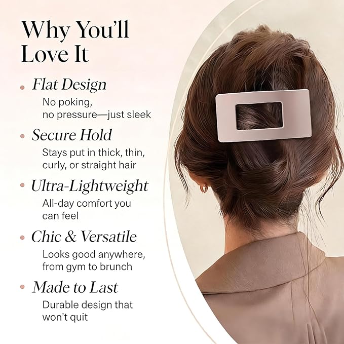 4 Pack Large Flat Hair Clips for Women, Rectangle Matte Non-slip Lay Flat Claw Clips, French Strong Hold No Crease Barrettes for Thick & Thin Hair, Stylish Square Hair Accessories (Neutral Colors)