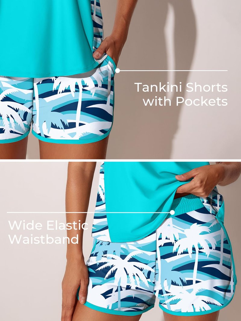 Summer Mae Blouson Tankini Swimsuits for Women 2026 Tummy Control Two Piece Bathing Suits with Sporty Pockets Swim Shorts Coconut Tree on The Sea Size 6