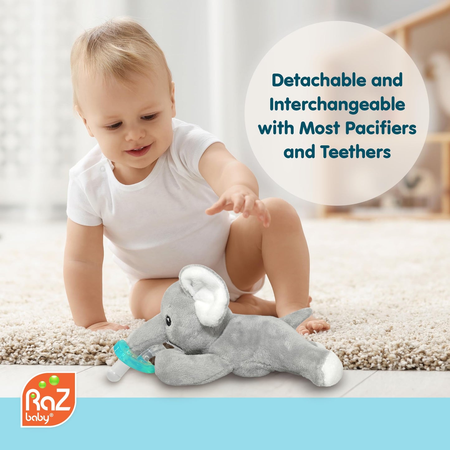 RaZbaby JollyPop Pacifier, Holder w/Detachable Baby Pacifier, Stuffed Animal RaZbuddy, All Ages 0M+, Machine Washable, Textured & Easy to Hold – Elephant
