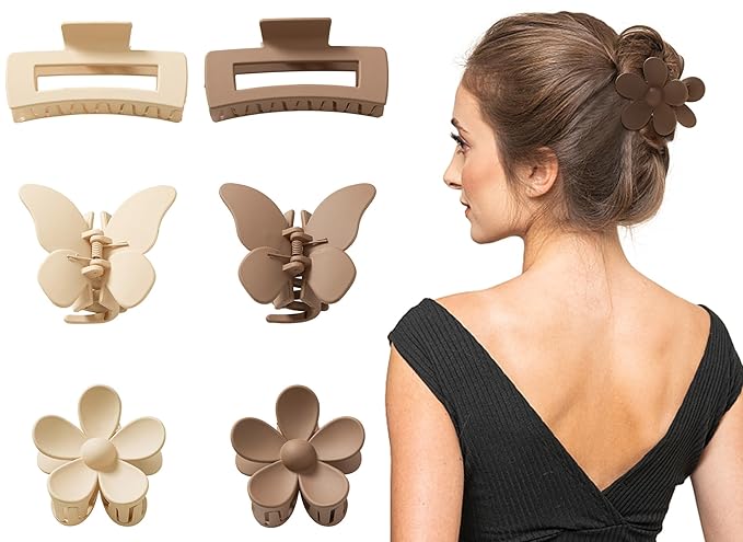 6PCS Hair Clips for Women, Flower Claw Clips for Thick Hair, Non-Slip Hair Accessories with Multi-Styles, Neutral Colors Hair Claw Clips and Variety Pack, Ideal for Girls