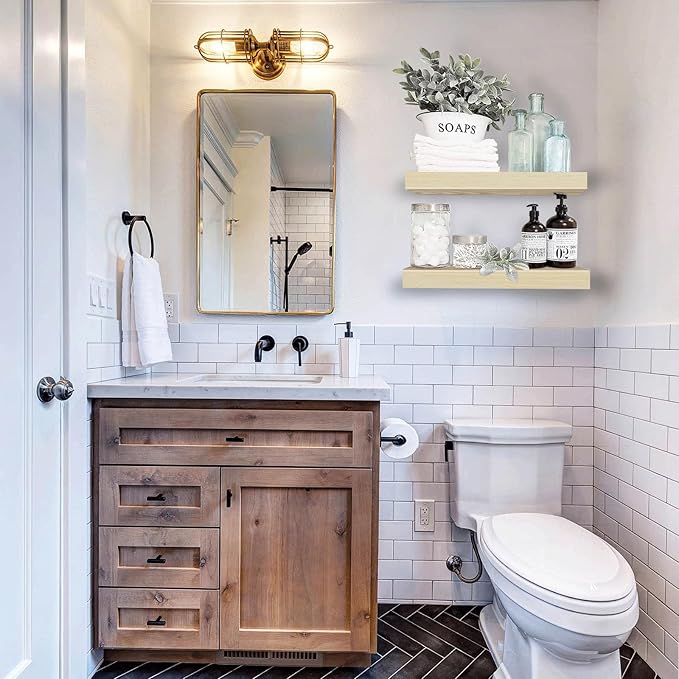 QEEIG Bathroom Floating Shelves for Wall - 15.7" Wall Mounted Shelf Over Toilet Farmhouse Home Decor Display Bookshelf Small 15.7 x 6.7 inch Set of 2, Natural (008-40N)