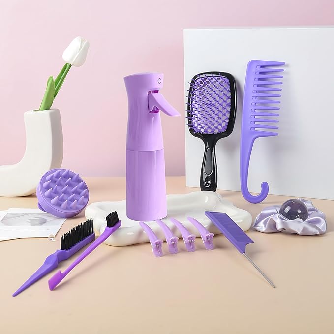 12 Pcs Hair Brush Set with Continuous Hair Spray Bottle for Women, Rat Tail Combs for Toddlers, Soft Scalp Massager, Detangling Hairbrush for Wet Dry Curly Hair (purple)