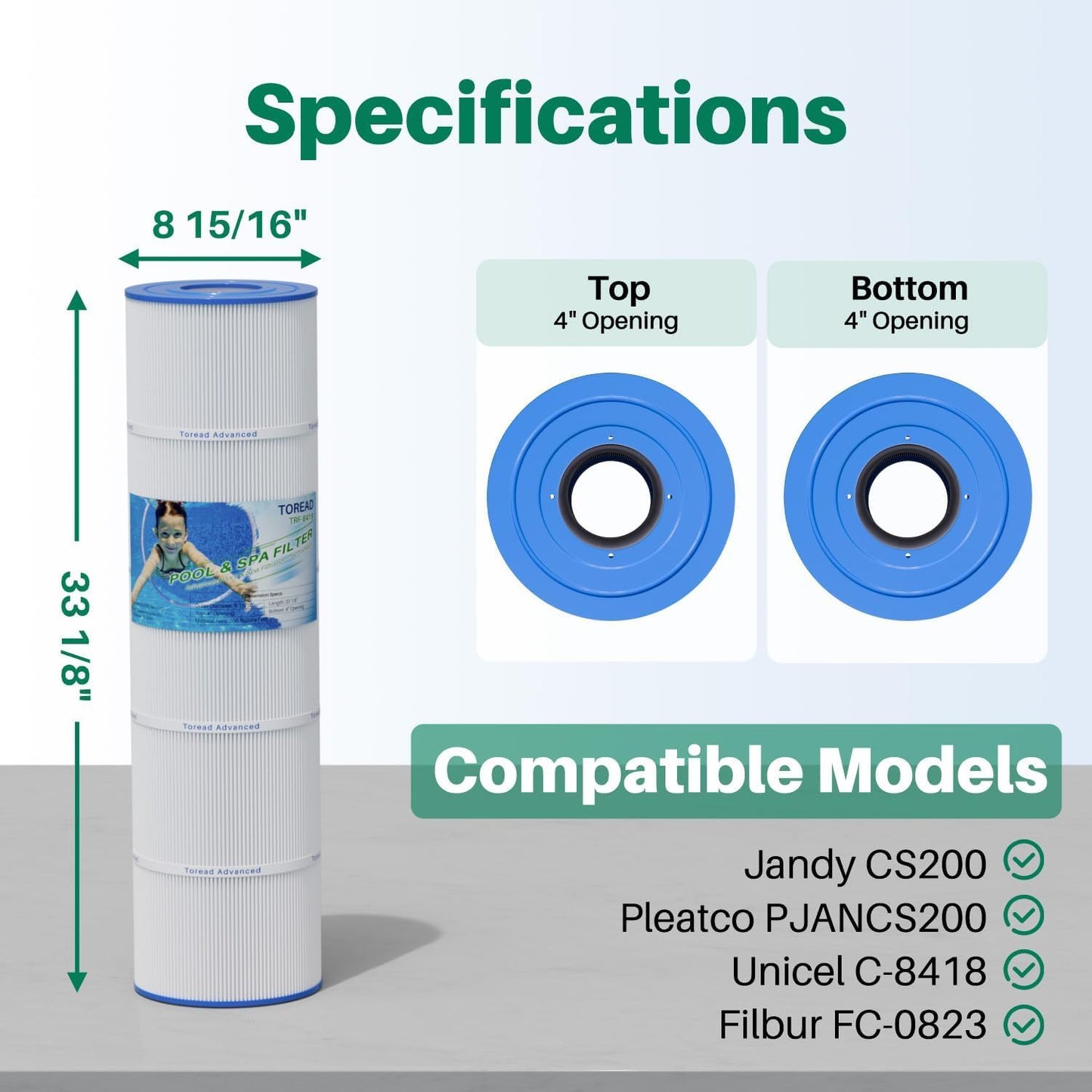 TOREAD CS200 Pool Filter Replaces Jandy CS200, PJANCS200, Ultral-B9, R0462400, Unicel C-8418, Filbur FC-0823, 200 Sq. Ft Pool Filter Cartridge 1 Pack