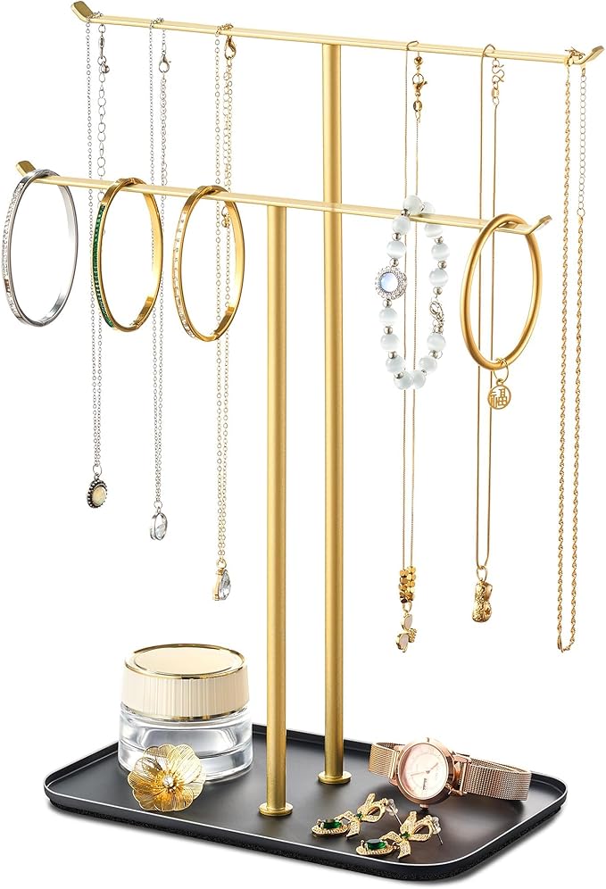 pickpiff Necklace Holder Jewelry Organizer Stand Ã¢ÂÂ 2Ã¢ÂÂTier TÃ¢ÂÂBar Jewelry Display Tree with Tray for Countertop Necklace Bracelet Earring Storage, Vanity Dresser Bathroom Sink, Black-Gold