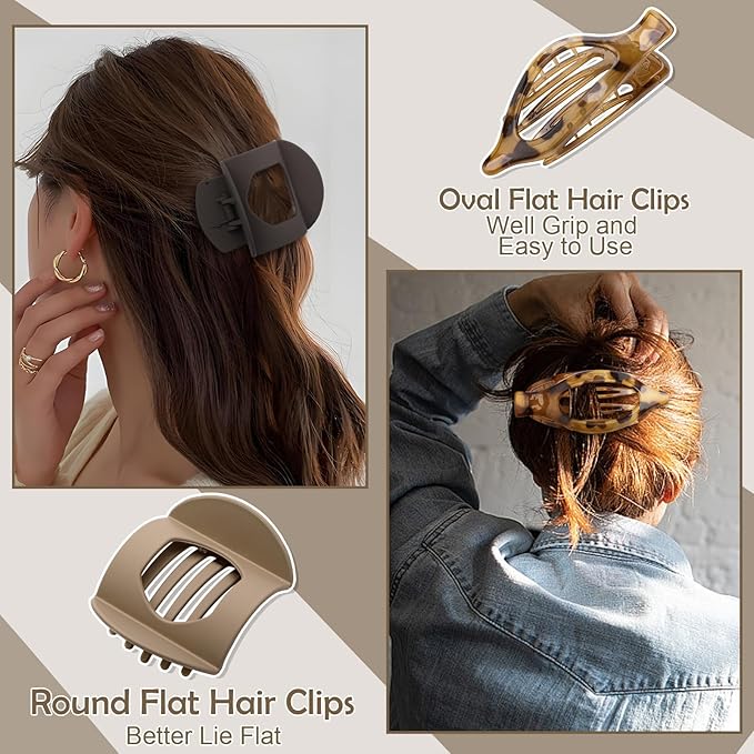 8 Pcs Flat Hair Clips for Women, 2 Styles French Flat Claw Clips for Women, Large Strong Hold Lay Down Claw Clips for Thick Thin Hair(Tortoiseshell)
