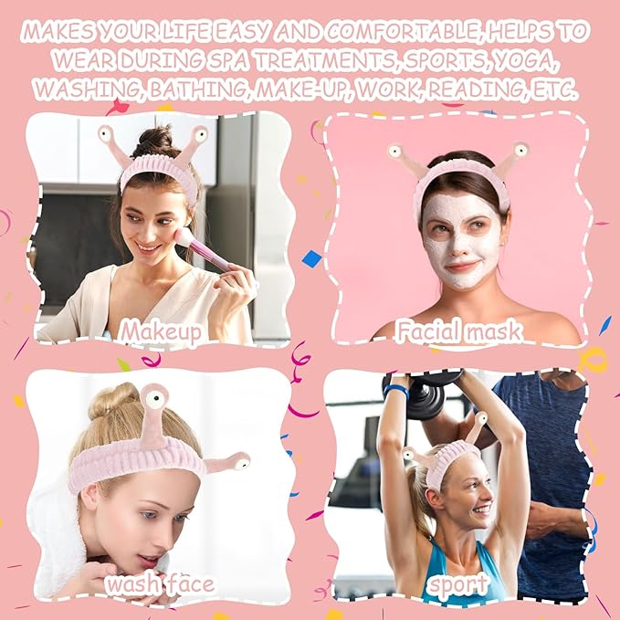 Face Wash Headband, Palm and Snail Spa Hair Bands Makeup Headbands Women Cartoon Cute Coral Fleece Elastic Headband Creative Hair Accessories for Washing Face Shower Sports (Light pink)