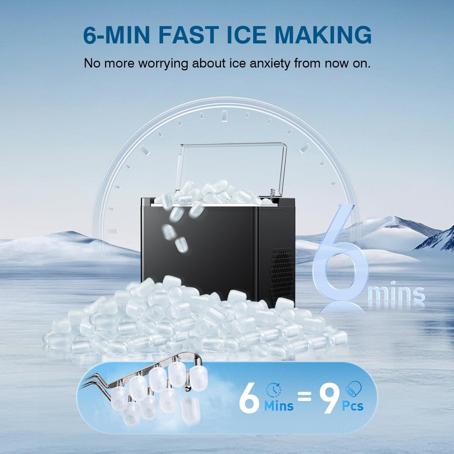 Ice Makers Countertop, 9 Ice Cubes in 6 Mins Portable Ice Maker, 2 Sizes of Bullet Ice (S/L) Small Ice Machine for Home Kitchen Camping (Raven)