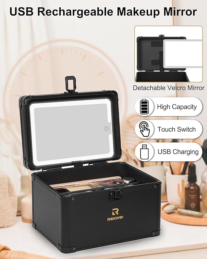 Relavel Travel Makeup Bag With LED Mirror, Makeup Bag With 3-Mode Light Up Mirror, Cosmetic Makeup Organizer Vanity Case for Women Beauty Accessories, Rechargeable Makeup Travel Storage - Black