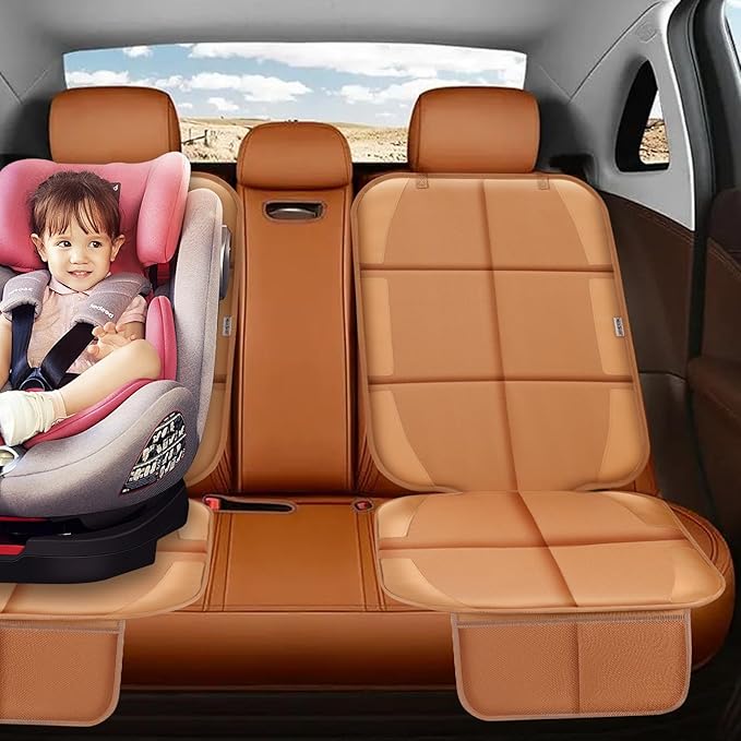 Meolsaek Car Seat Protector for Child Car Seat, Durable 600D Fabric Waterproof Car Seat Cover with Thick Pad Non-Slip Backing，No Imprints (Tan-2 pcs)