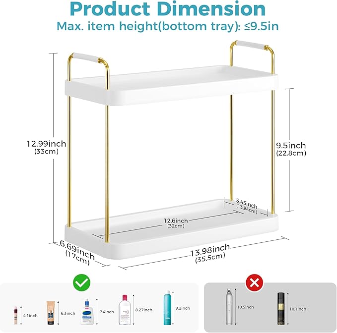 Vtopmart 2-Tier Bathroom Countertop Organizer, Vanity Dresser Counter Tray Shelf for Skincare, Perfume, Makeup, Gold