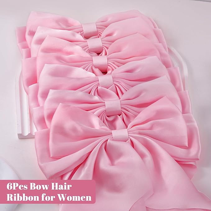 6Pcs Large Bows Hair Clips for Women Girls Long Tail Hair Ribbon Silky Satin Barrettes Coquette Bows Accessories (Pink)