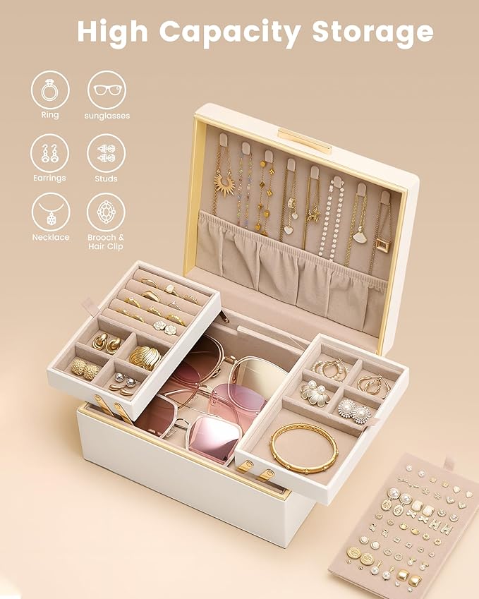 Lolalet Jewelry Box Organizer for Women Girls, 2 Layer Jewelry Organizers and Storage for Necklace Earrings Rings Bracelets, Large Jewellery Holder Case Birthday Valentine Gifts -Cream