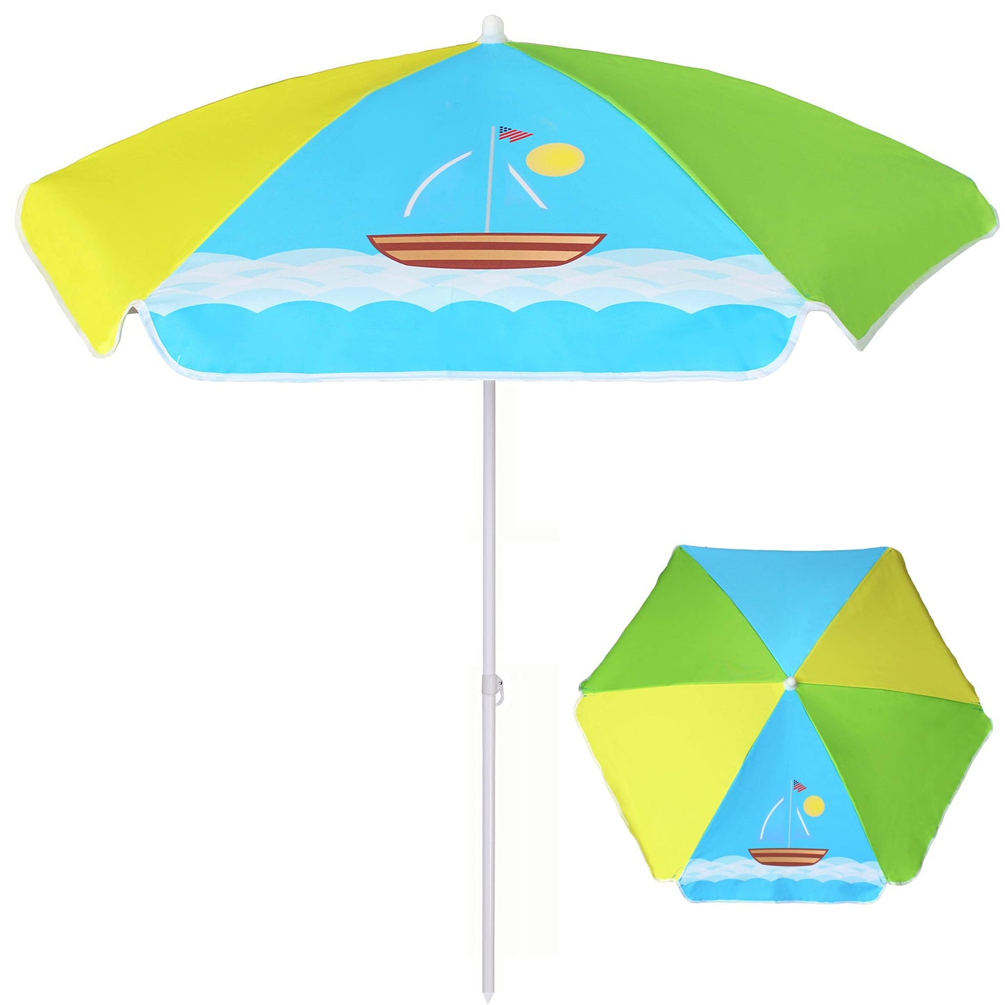 AMMSUN 5ft Seaside Umbrella for Sand Box Water Table - Kids Durable Umbrellas for children Picnic Beach Camping Garden Outdoor Play Shade (5ft Green Yellow Boat)