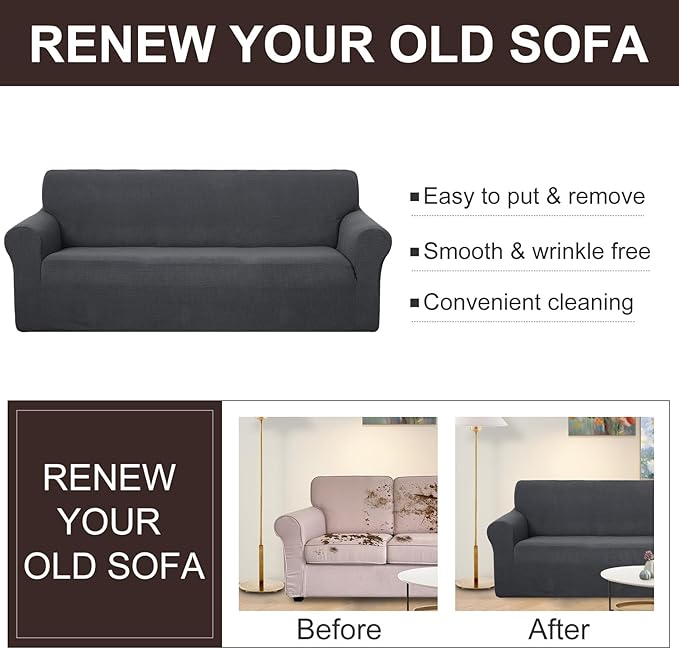 U-NICE HOME 4 Seater Stretch Couch Cover Sofa Cover Washable Sofa Slipcover Furniture Protector for 3 Cushion Couch Sofa Pet Friendly, Dark Grey