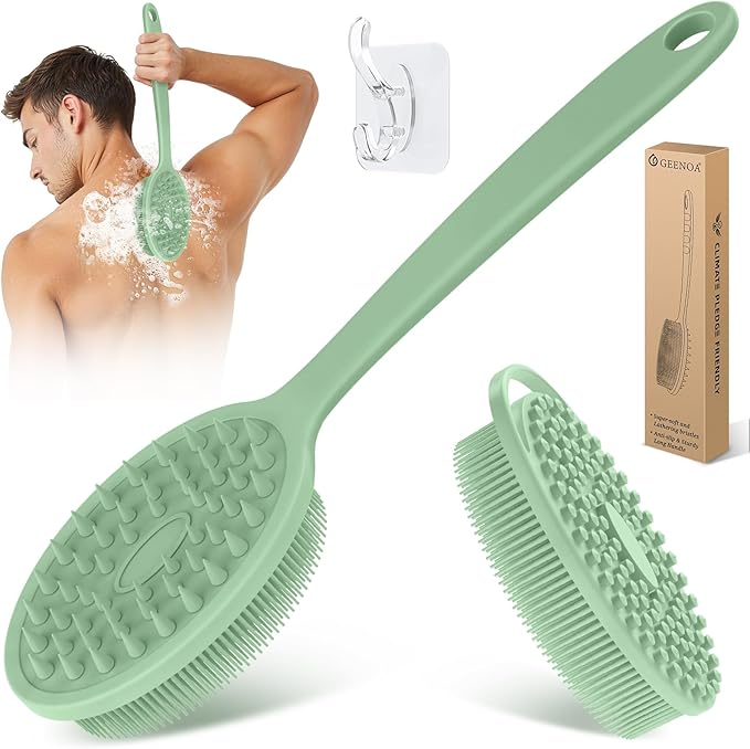 Silicone Back & Body Scrubber Set 2PCS, 13.4'' Gentle Exfoliating Back Scrubber with Dual-Side Head and Non-Slip Handle, Hygienic Silicone Loofah with Soft Bristles and Massage Dots(Green-2PC)