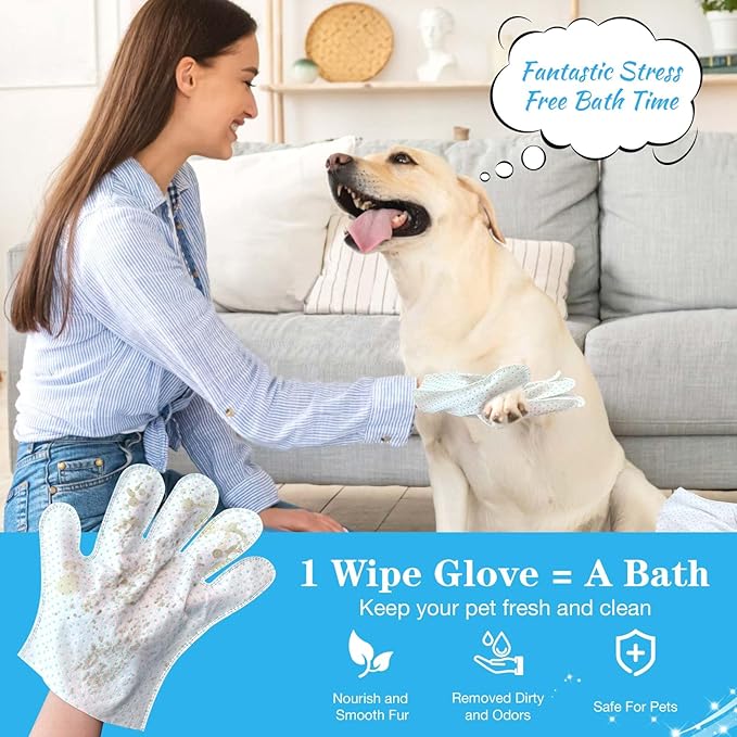 Dog Cleaning Gloves Wipes 15pcs Deodorizing Disposable Pet Grooming Bathing Gloves Extra Thick, No Rinse Shampoo Dry Cleaning Gloves for Dogs & Cats Paw Face Ear Fur and Butt