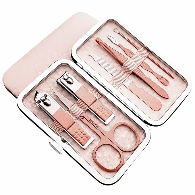 QURIPE 7pcs Manicure Set, Nail Clippers Kit, Stainless Steel Manicure Kit, Nail Clipping Tools Portable Travel Grooming Kit, The Best Gift with Luxurious Case(Rose Gold)