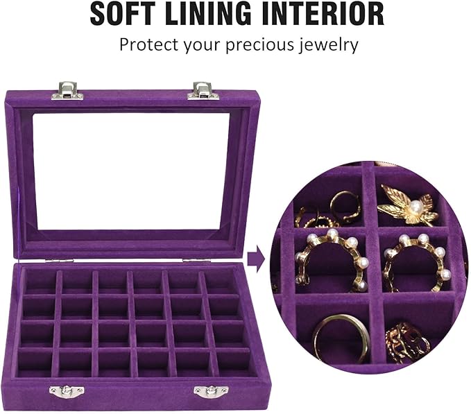 Velvet Jewelry Box 24 Grid Jewelry Ring Display Organiser Box Tray Holder Earrings Storage Case for Girls Wife Mom Women (Purple)