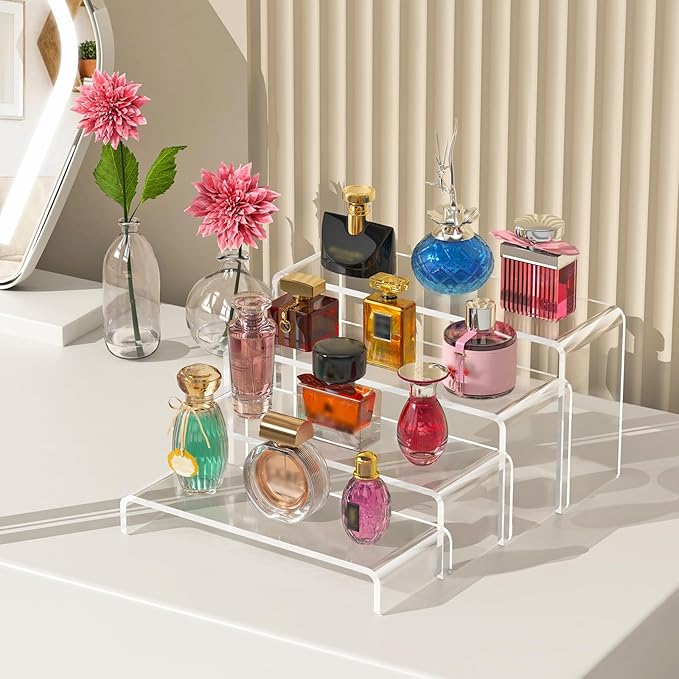 8 Pcs Large Acrylic Display Risers (7" L~9" L), Sturdy Rectangular Dessert Stands, Perfume Shelf Organizer, Clear Riser Stands, Display Shelves for Cupcake, Perfume, Figure, Collection, Decoration.