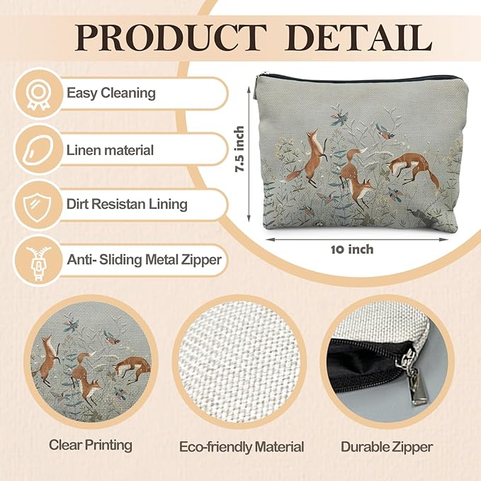 Fox Gifts for Women, Fox Wildflowers Makeup Bag, Forest Fox Cottagecore Cosmetic Bags Toiletry Bag for Women, Animal Lover Gifts