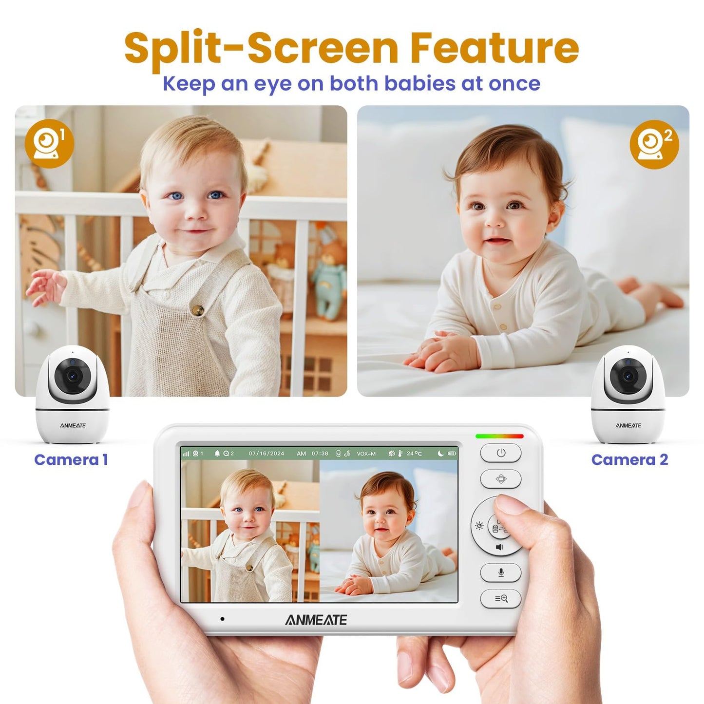 ANMEATE 5" HD Video Baby Monitor with Camera and Audio - No WiFi, 48H Battery Life,720P Remote Pan Tilt Zoom, Two-Way Talk, Night Vision, Thermal Room Monitor, Lullabies & White Noise, 1000ft Range
