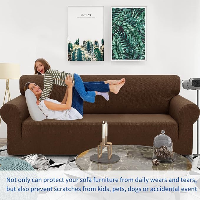 ZNSAYOTX 1 Piece Jacquard Couch Covers for 2 Cushion Couch High Stretch Loveseat Slipcover for Pets Dogs Anti Slip Love Seat Sofa Slipcover Furniture Protector (Medium, New Pattern Coffee)