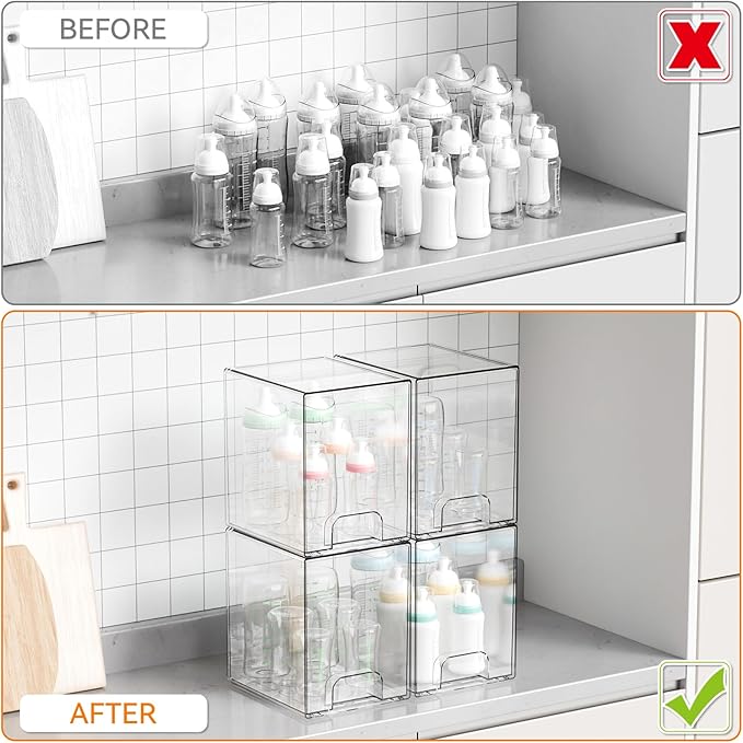 Yieach 7.6" H Baby Bottle Organizer for Cabinet,4 Pack BPA FREE Bottle Storage Organizer Baby,Clear Stackable Storage Drawers for Makeup,Skincare,Beauty Products Bathroom Closet Organizers and Storage