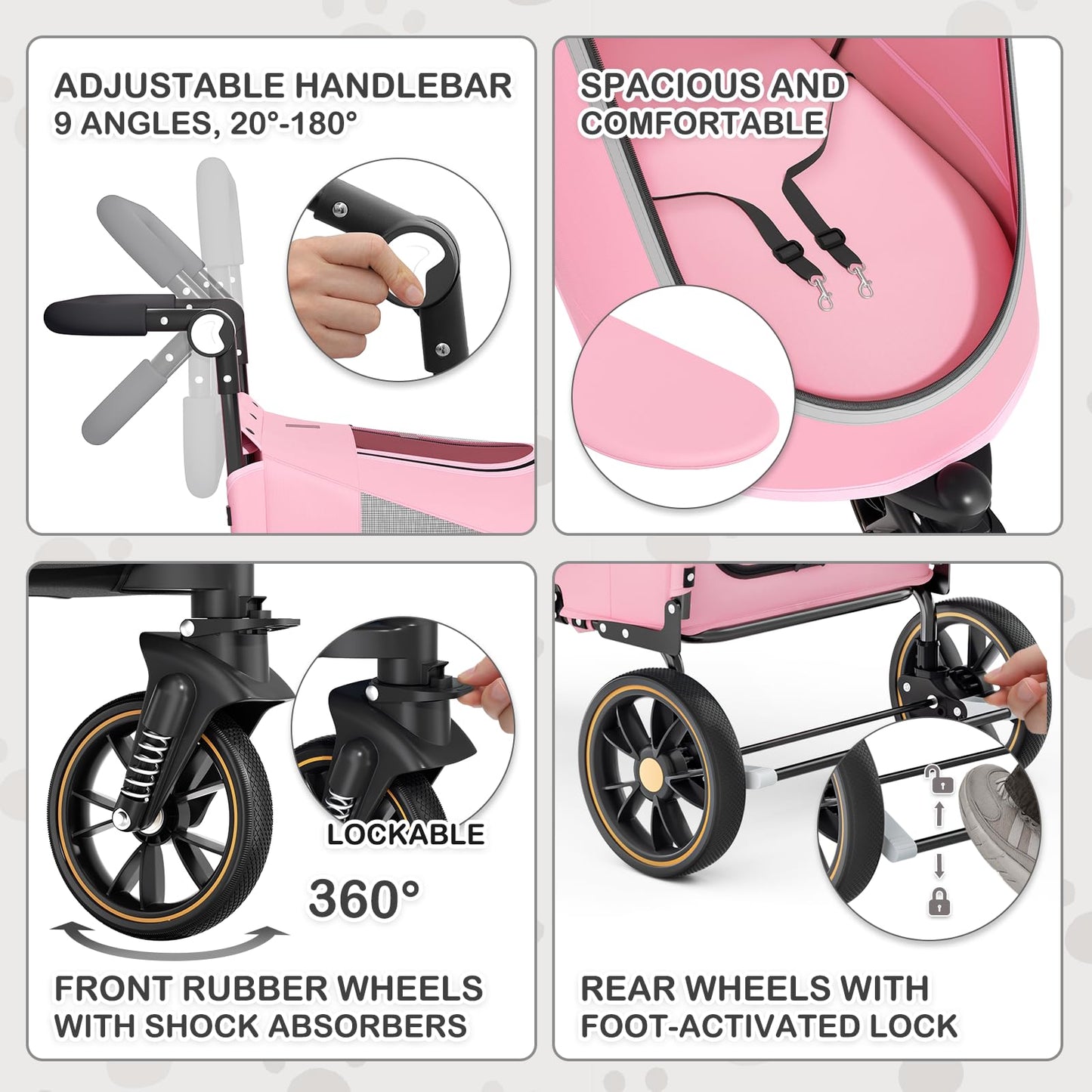 MoNiBloom Pet Stroller for Large Dogs or Multiple Dogs Cats with Adjustable Handle, 3-Wheels Dual Entry Portable Dog Carting Easy Folding Pet Wagon Double Dog Stroller up to 55 lbs, Pink