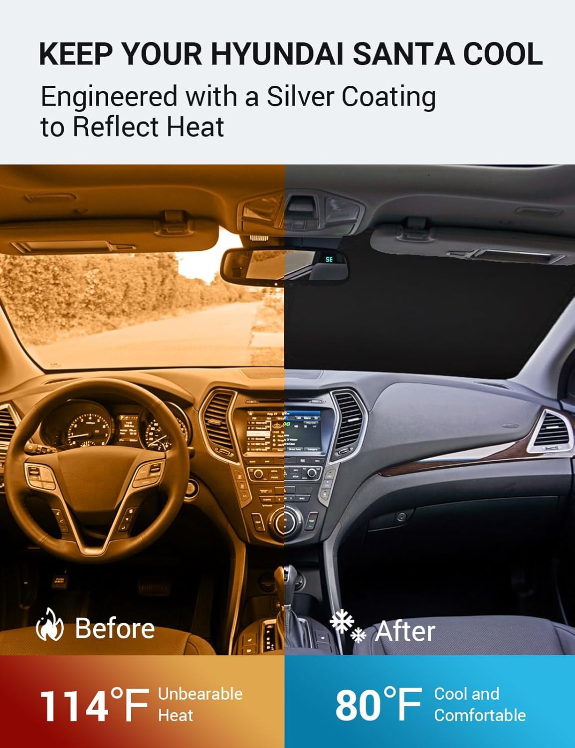 Proadsy 2026 Upgrade Windshield Sun Shade Custom Fit 2013-2018 Santa Foldable Front Sunshade Protector Sun Visor Blocks UV Rays Keep Car Cooler